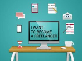 Illustration of a desktop computer with "I WANT TO BECOME A FREELANCER" on the screen. Surrounding the computer are icons of a smartphone, chat bubbles, a notepad, a blog page, a typewriter, a paper with "ABC", an hourglass, and a cup of coffee on a wooden desk.