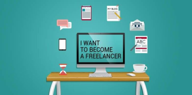 Illustration of a desktop computer with "I WANT TO BECOME A FREELANCER" on the screen. Surrounding the computer are icons of a smartphone, chat bubbles, a notepad, a blog page, a typewriter, a paper with "ABC", an hourglass, and a cup of coffee on a wooden desk.