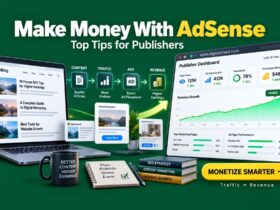 Realistic 3D editorial illustration showing a website, advertising placements, traffic analytics, and an upward revenue graph representing Google AdSense monetization tips.