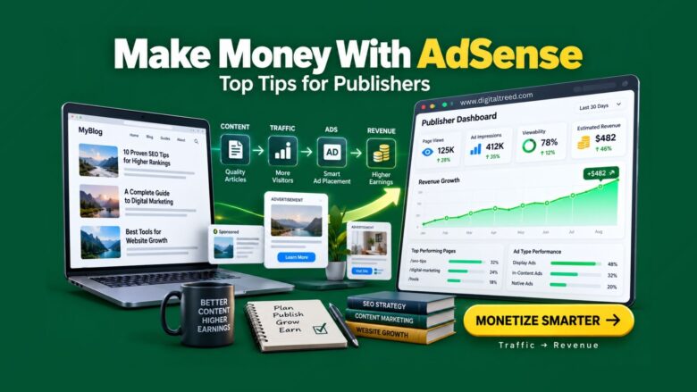 Realistic 3D editorial illustration showing a website, advertising placements, traffic analytics, and an upward revenue graph representing Google AdSense monetization tips.