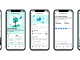Five smartphone screens showing Facebook's various time management features, including notifications, Quiet Mode settings, time schedules, and a summary of time spent on the app.