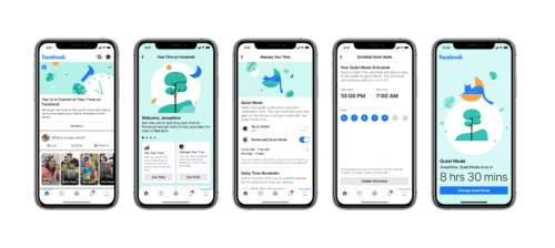 Five smartphone screens showing Facebook's various time management features, including notifications, Quiet Mode settings, time schedules, and a summary of time spent on the app.