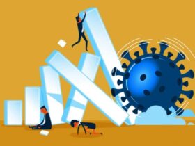 Illustration of three people struggling to prevent large falling bars while a large virus symbol approaches from the background, depicting the challenge of managing economic impacts of a pandemic.