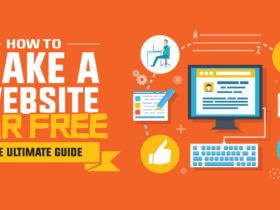 An orange graphic with the text "How to Make a Website for Free: The Ultimate Guide" features icons of a computer screen, a keyboard, thumbs up, a person at a desk, a book, and a lightbulb, symbolizing various elements of website creation and learning.