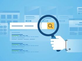 Illustration of a hand holding a magnifying glass over a search bar with a yellow search button. In the background, there are web page elements such as search results, a video player, and various blocks of content on a blue gradient background.