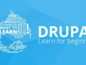 A blue graphic featuring the Drupal logo, comprised of various white tech-related words such as "LEARN," "HTML," and "CODE." The text "DRUPAL Learn for beginners" is prominently displayed on the right side of the image.