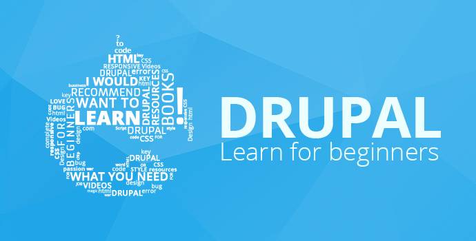 A blue graphic featuring the Drupal logo, comprised of various white tech-related words such as "LEARN," "HTML," and "CODE." The text "DRUPAL Learn for beginners" is prominently displayed on the right side of the image.