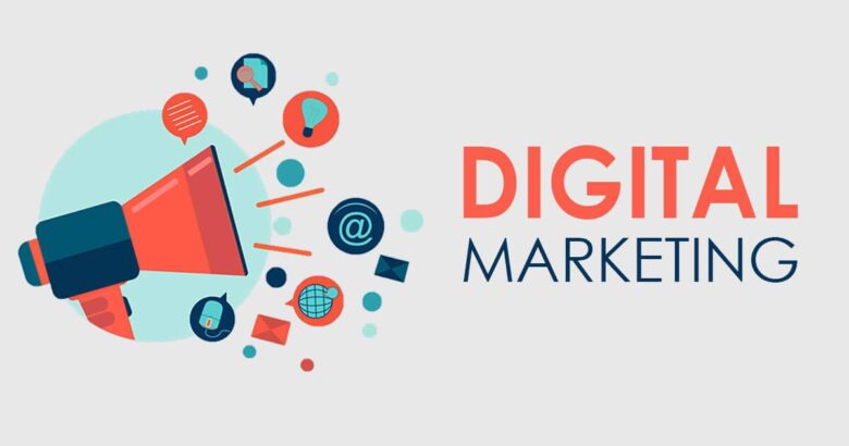 An illustration features a red and blue megaphone with various digital icons, such as emails, a globe, a lightbulb, and chat bubbles, radiating from it. The words "Digital Marketing" are prominently displayed on the right side of the image.