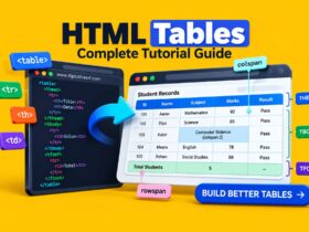 Realistic 3D editorial illustration of an HTML table with rows, columns, header cells, merged cells, and HTML code structure for a complete HTML tables tutorial.
