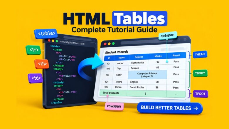 Realistic 3D editorial illustration of an HTML table with rows, columns, header cells, merged cells, and HTML code structure for a complete HTML tables tutorial.