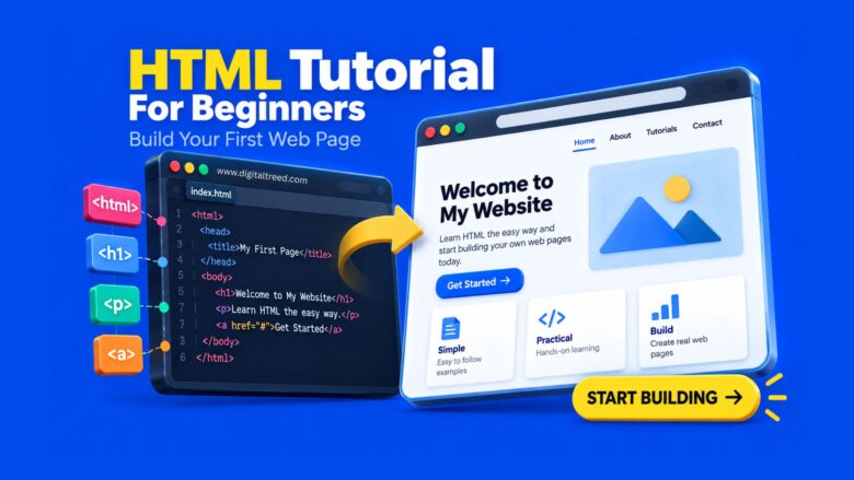 Realistic 3D illustration of HTML code transforming into a beginner-friendly webpage, representing an easy HTML tutorial for building a first website.