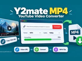 Y2mate MP4 YouTube video converter interface showing URL input, MP4 conversion, video format selection, progress indicator, and download output.