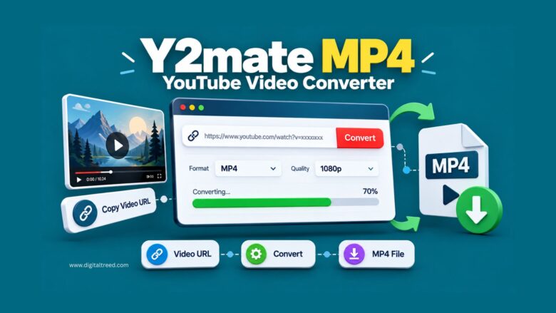 Y2mate MP4 YouTube video converter interface showing URL input, MP4 conversion, video format selection, progress indicator, and download output.