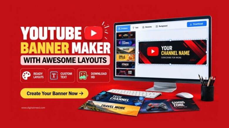YouTube banner maker with customizable layouts, channel banner templates, text editing tools, and HD download options