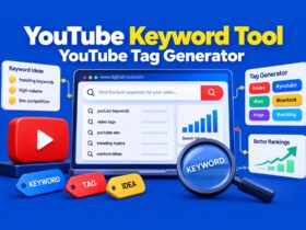 Illustration of a YouTube keyword research tool with a search interface, keyword tags, autocomplete suggestions, SEO data and ranking indicators.