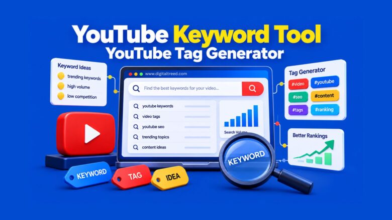 Illustration of a YouTube keyword research tool with a search interface, keyword tags, autocomplete suggestions, SEO data and ranking indicators.