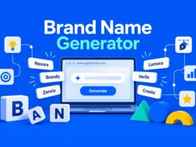 Brand Name Generator tool concept with digital naming and branding elements.