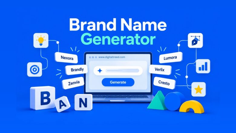 Brand Name Generator tool concept with digital naming and branding elements.