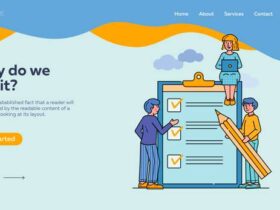 Illustration of three people working together with a large clipboard and oversized pencil, surrounded by check marks and a "Get started" button. The background has a wave-like orange shape at the top with navigation links: Home, About, Services, Contact, and a Sign up button.