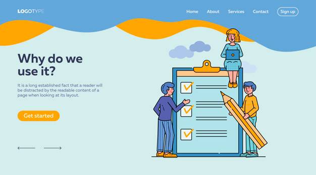 Illustration of three people working together with a large clipboard and oversized pencil, surrounded by check marks and a "Get started" button. The background has a wave-like orange shape at the top with navigation links: Home, About, Services, Contact, and a Sign up button.