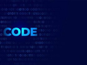 A dark blue background with binary code (ones and zeros) pattern in light blue. The word "CODE" appears prominently in the center in a bold, bright blue font. The binary numbers fade into the background, creating a tech-themed visual.