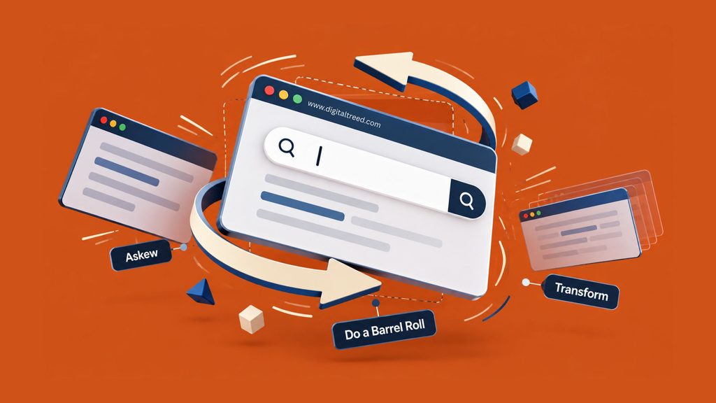 Google Search screen demonstrating tilt (Askew) and spin tricks (Do a barrel roll) with interactive search effects, rotating interface elements, and browser animation