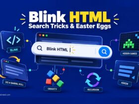 Blink HTML code example demonstrating how to create blinking text on a webpage using HTML, with a browser code interface and flashing text effect