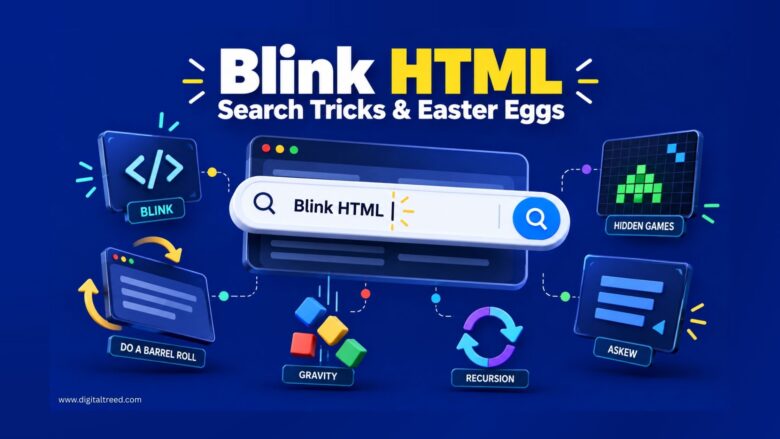 Blink HTML code example demonstrating how to create blinking text on a webpage using HTML, with a browser code interface and flashing text effect