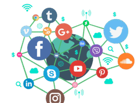 An illustration of the Earth surrounded by various social media icons connected with green lines, including Facebook, Twitter, Instagram, YouTube, LinkedIn, Pinterest, Skype, Google+, Tumblr, Viber, and others, representing global connectivity and communication.