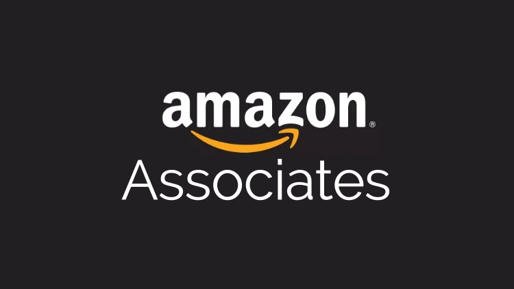 The image displays the Amazon Associates logo. The word "amazon" is written in lowercase with a yellow arrow underneath it, extending from the letter "a" to "z". Below this, the word "Associates" is written in smaller, white text on a dark background.
