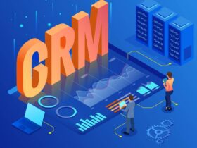 A vibrant illustration shows two people interacting with a large digital interface featuring graphs and charts. The central focus is the giant text "CRM," surrounded by technology icons, a laptop, and server towers on a blue background, indicating data analysis and customer relationship management.