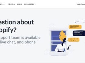 Shopify support page with text: "Got a question about using Shopify? The Shopify support team is available 24/7 by email, live chat, and phone." A button reads "Talk to support." Illustrations show people chatting with speech bubbles. The header has links for various resources.