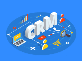 A graphic design illustrating CRM (Customer Relationship Management) with the letters "CRM" centered. Surrounding elements include icons for graphs, a laptop, people, a shopping cart, a magnifying glass, and a phone, all connected by lines, against a blue background.