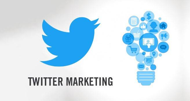 A large blue Twitter bird logo is on the left, and a lightbulb shape made of various blue icons (representing different business and marketing concepts) is on the right. Below the Twitter bird, the text reads, "TWITTER MARKETING.