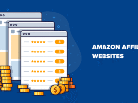 An illustration features web browser windows with star ratings, dollar symbols, and the Amazon logo. Stacks of coins are shown at the bottom left. The text reads "Amazon Affiliate Websites" on the right side against a blue background.