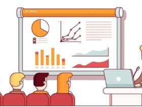 A person stands behind a podium with a laptop, giving a presentation to four seated individuals. The projection screen shows various charts and graphs, including pie charts, bar graphs, and line charts. The scene is illustrated in a simple, cartoon-like style.