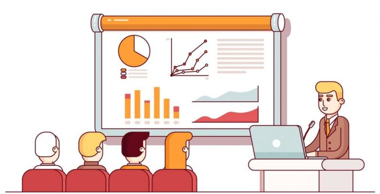 A person stands behind a podium with a laptop, giving a presentation to four seated individuals. The projection screen shows various charts and graphs, including pie charts, bar graphs, and line charts. The scene is illustrated in a simple, cartoon-like style.