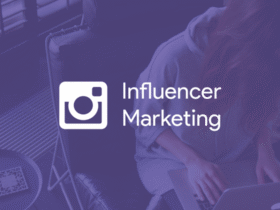 A person sits in a chair working on a laptop, partially obscured. The text "Influencer Marketing" and a stylized camera logo are overlaid on the image. The background features a purple hue.