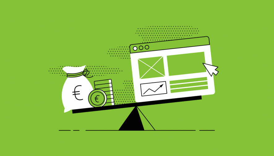 Illustration of a seesaw balancing a money bag, coins, and Euro symbols on one side, with a webpage on the other, against a green background.