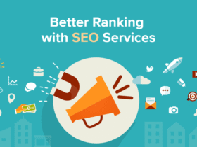 Illustration of various SEO-related icons like a magnet, megaphone, gears, and dollar bills surrounding a central megaphone icon, with the text "Better Ranking with SEO Services" against a blue background and stylized cityscape.