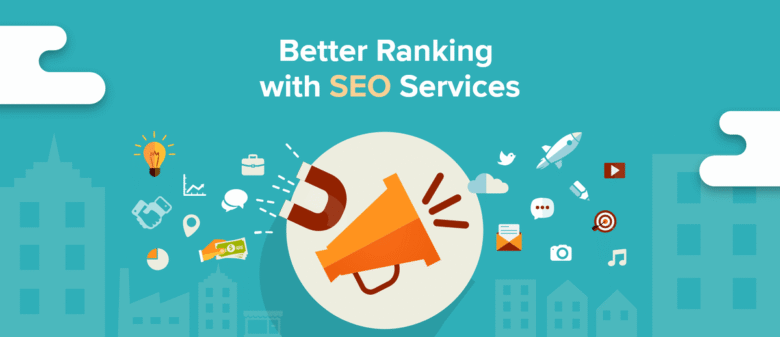Illustration of various SEO-related icons like a magnet, megaphone, gears, and dollar bills surrounding a central megaphone icon, with the text "Better Ranking with SEO Services" against a blue background and stylized cityscape.