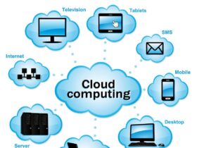 Diagram illustrating cloud computing. Central cloud labeled "Cloud computing" connects to surrounding items: Television, Tablets, SMS, Mobile, Desktop, Laptop, Server, and Internet. Arrows point from the central cloud to each connected element.