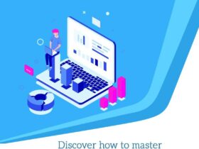 Illustration of a person standing beside a laptop displaying graphs and data charts. Various business-related icons surround the laptop. Text reads: "Discover how to master Google My Business and leverage it to grow your Online Business Brand.