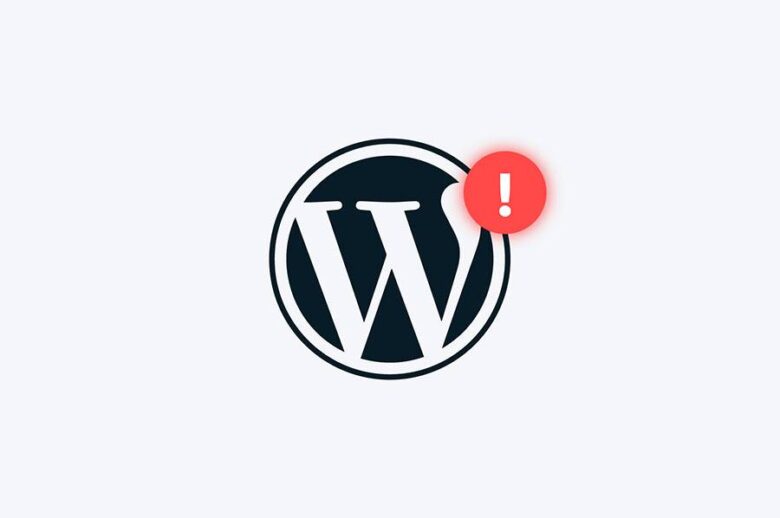 The WordPress logo with a red exclamation mark notification symbol overlaid on the top right corner, indicating an alert or warning. The background is light gray.