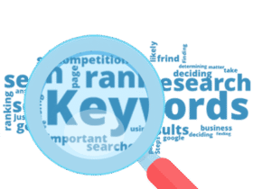 A blue magnifying glass emphasizes the word "Keywords" in large, bold letters. Surrounding it are various related terms such as "search," "rank," "research," "important," and "results," all in blue text on a transparent background.