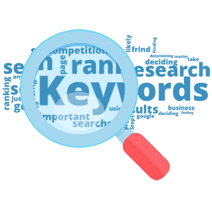 A blue magnifying glass emphasizes the word "Keywords" in large, bold letters. Surrounding it are various related terms such as "search," "rank," "research," "important," and "results," all in blue text on a transparent background.