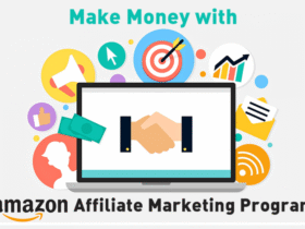 Illustration promoting the Amazon Affiliate Marketing Program. The text "Make Money with Amazon Affiliate Marketing Program" is displayed. The design includes a laptop showing a handshake graphic, surrounded by icons representing targeting, statistics, messaging, and money.
