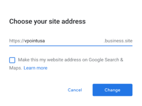 A web interface for choosing a site address. The URL input field shows "https://vpointusa.business.site". Below the field, there is a checkbox option labeled "Make this my website address on Google Search & Maps" with a "Learn more" link. Buttons for "Cancel" and "Change" are at the bottom.