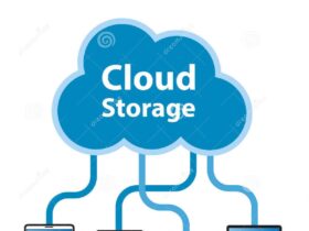 Illustration of cloud storage concept. A large cloud labeled "Cloud Storage" connects to four devices with blue lines: a tablet, a laptop, a smartphone, and a desktop computer, each displaying different icons or images on their screens.