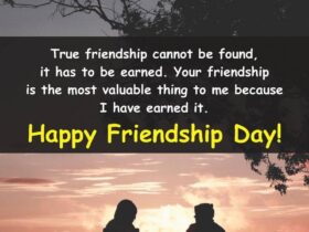 A scenic sunset background with two people sitting in folding chairs, facing each other. Text over the image reads: "True friendship cannot be found, it has to be earned. Your friendship is the most valuable thing to me because I have earned it. Happy Friendship Day!.